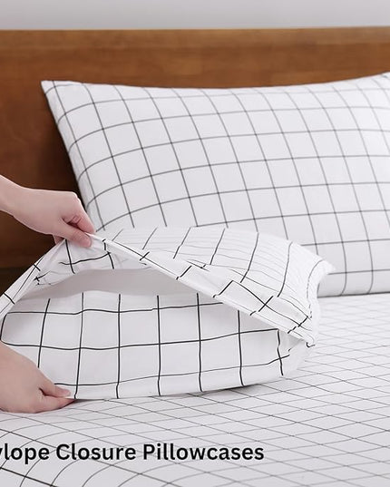 LANE LINEN 100% Organic Cotton Sheets Queen, 4-Piece Bed Sheets Queen Size Cotton, Luxury Sheets, Percale Weave,Breathable Bed Sheets Queen Size Deep Pockets Fits Upto 15" - Windowpane - LeafyLoom