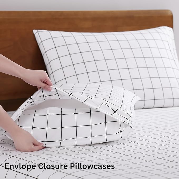 LANE LINEN 100% Organic Cotton Sheets Queen, 4-Piece Bed Sheets Queen Size Cotton, Luxury Sheets, Percale Weave,Breathable Bed Sheets Queen Size Deep Pockets Fits Upto 15" - Windowpane - LeafyLoom