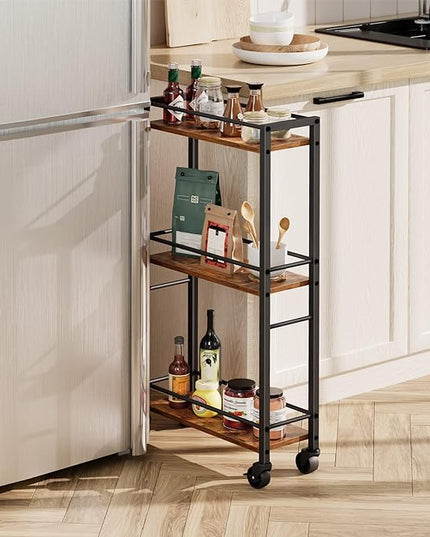Slim Rolling Cart, Mobile Kitchen Cart on Wheels, Narrow Storage Cart for Small Space, Wooden Service Cart, for Bathroom, Laundry, Living Room, Rustic Brown RCHR1501Z - LeafyLoom