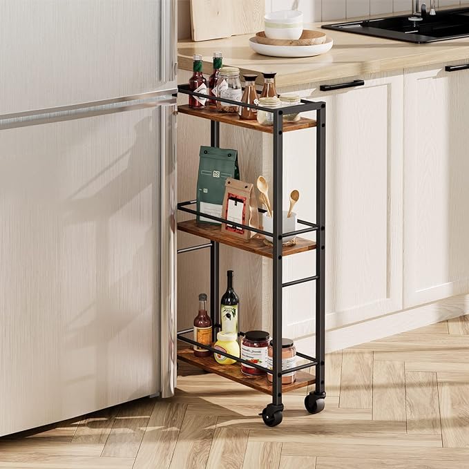 Slim Rolling Cart, Mobile Kitchen Cart on Wheels, Narrow Storage Cart for Small Space, Wooden Service Cart, for Bathroom, Laundry, Living Room, Rustic Brown RCHR1501Z - LeafyLoom