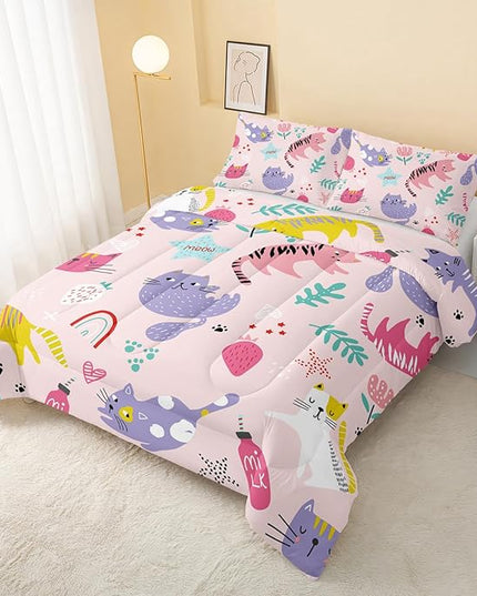 Kawaii Cats Comforter Twin Size,Pink Cats Kids Comforter Set,3Pcs Bedding Set Printed Comforter with 2 Pillowcases,Down Alternative,Soft and Lightweight,for All Seasons - LeafyLoom