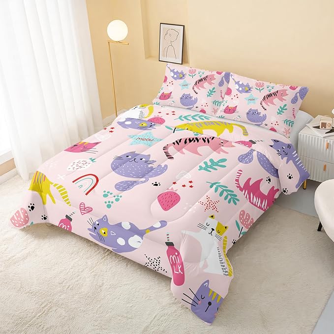 Kawaii Cats Comforter Full Size,Pink Cats Kids Comforter Set,3Pcs Bedding Set Printed Comforter with 2 Pillowcases,Down Alternative,Soft and Lightweight,for All Seasons - LeafyLoom