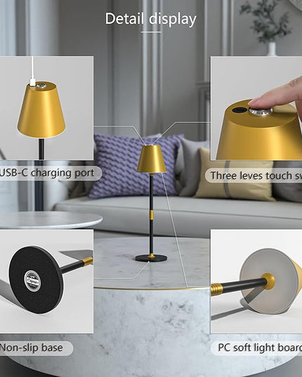 LED CordlessTable Lamp,4000mAh Rechargeable Battery Desk lamp,3 Level Brightness Beside Night Light, Minimalist Design, for Couple Dinner/Coffee Table/Restaurant/Bedroom(Gold&Black 4PACK) - LeafyLoom