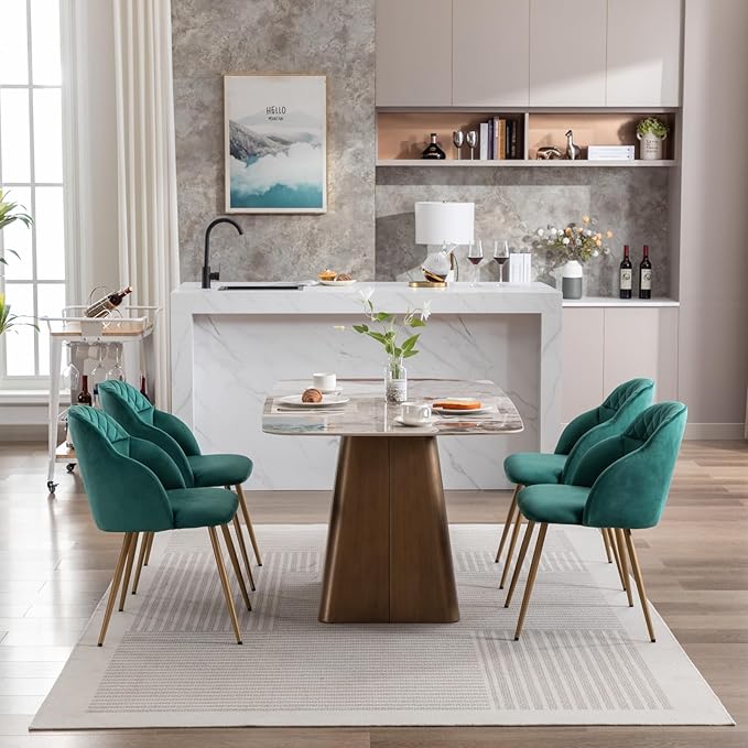 Velvet Dining Chairs Sets of 2, Modern Upholstered Accent Side Chairs with Arm Gold Metal Legs for Kitchen Living Bed Room, Green - LeafyLoom