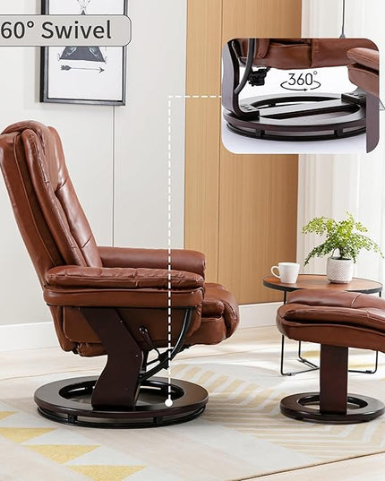 JC Home Swivel Ottoman Bonded Leather Recliner Chair and Foot Rest for Living Room, Home Theater, Man Cave, Bedroom-Round Mahogany Base-Modern, Contemporary Furniture, Extra Large, Tan - LeafyLoom