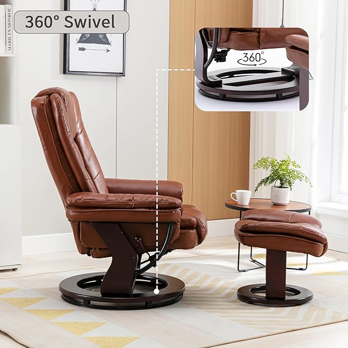 JC Home Swivel Ottoman Bonded Leather Recliner Chair and Foot Rest for Living Room, Home Theater, Man Cave, Bedroom-Round Mahogany Base-Modern, Contemporary Furniture, Extra Large, Tan - LeafyLoom