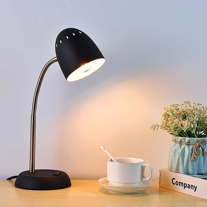 Eye-Caring Table Lamp of Simple Designs Home E26 Led Screw Basic Metal Desk Lamp with Flexible Gooseneck Hose Neck Study Lamp for Bedroom Office Living Room Convenient On/Off Switch(Black) - LeafyLoom