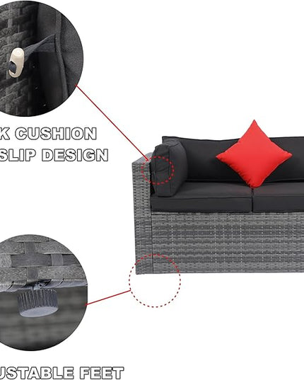 5-Pieces Patio Furniture Set with Coffee Table and 2 Pillows, PE Rattan Outdoor Conversation Sectional Sofa Seating Goup for Balcony Front Porch Backyard Law, Grey Wicker+Black Cushion - LeafyLoom