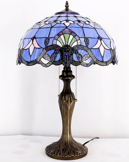 WERFACTORY Tiffany Lamp Blue Purple Stained Glass Baroque Table Lamp Lavender Style Bedside Desk Light Metal Base 16X16X24 Inches Decor Bedroom Living Room Home Office S003C Series (Blue Baraque) - LeafyLoom