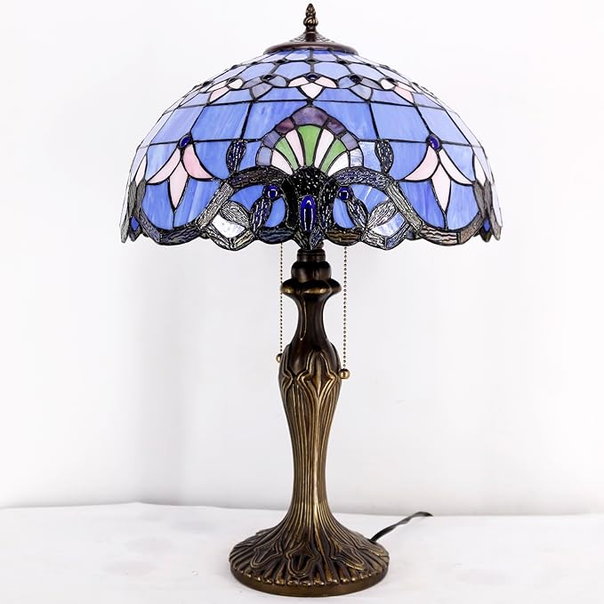 WERFACTORY Tiffany Lamp Blue Purple Stained Glass Baroque Table Lamp Lavender Style Bedside Desk Light Metal Base 16X16X24 Inches Decor Bedroom Living Room Home Office S003C Series (Blue Baraque) - LeafyLoom