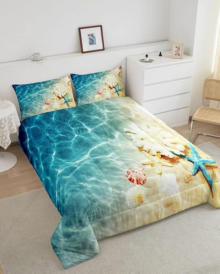 Ocean Comforter Set King Beach Bedding Coastal Nature Theme Pattern Teal Duvet Set Boys Girls Hawaiian Quilt Sets Sea Wave Animals Starfish Reversible Comforter Set 2 Pillowcases, Blue Room Decor - LeafyLoom