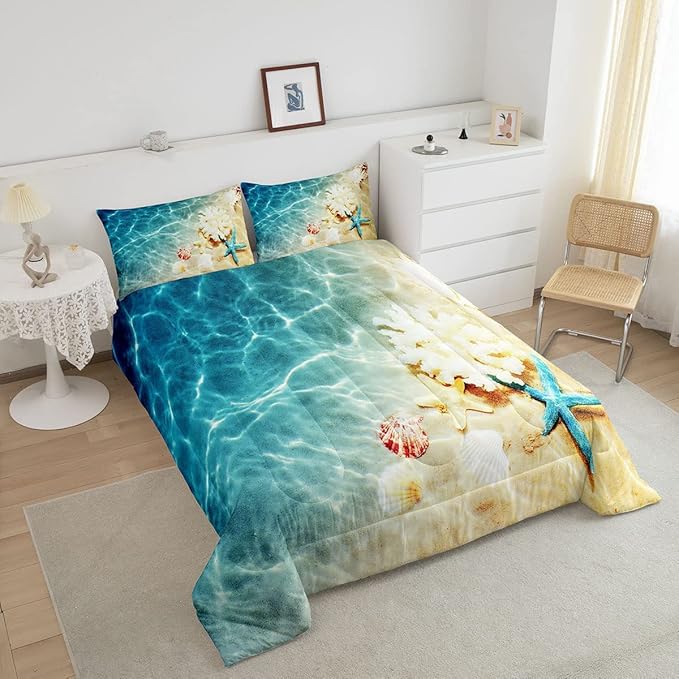 Ocean Comforter Set King Beach Bedding Coastal Nature Theme Pattern Teal Duvet Set Boys Girls Hawaiian Quilt Sets Sea Wave Animals Starfish Reversible Comforter Set 2 Pillowcases, Blue Room Decor - LeafyLoom