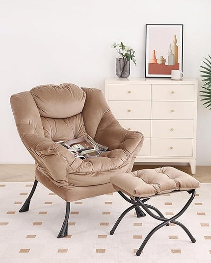 Lazy Chair with Ottoman, Modern Chair with Folding Footrest, Lounge Accent Chair, Comfortable Reading Chair, Oversized Armchairs for Bedroom, Study, Living Room, Courtyard (Khaki) - LeafyLoom