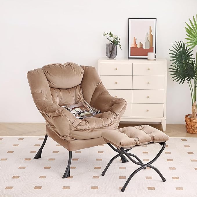 Lazy Chair with Ottoman, Modern Chair with Folding Footrest, Lounge Accent Chair, Comfortable Reading Chair, Oversized Armchairs for Bedroom, Study, Living Room, Courtyard (Khaki) - LeafyLoom