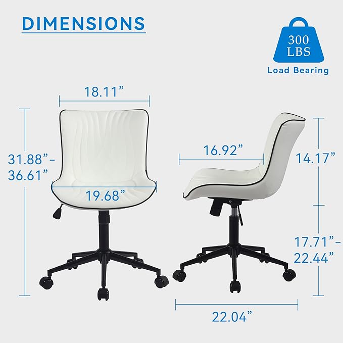 YOUNIKE Office Chair, Armless Desk Chair with Wheels, Home Office Computer Task Chairs, Modern Faux Leather Upholstered Vanity Chair, Adjustable Swivel Rocking Office Chair with Back, White - LeafyLoom