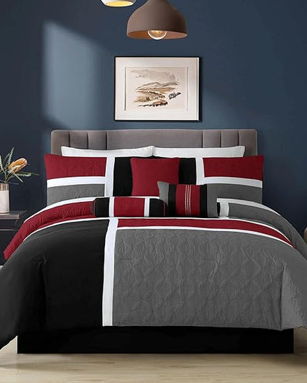 Chezmoi Collection 7-Piece Quilted Patchwork Comforter Set, Red/Gray/Black, Queen - LeafyLoom