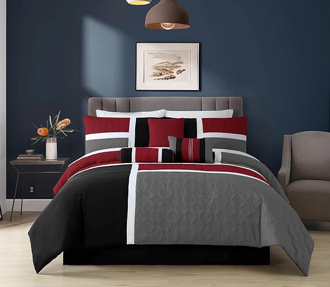 Chezmoi Collection 7-Piece Quilted Patchwork Comforter Set, Red/Gray/Black, Queen - LeafyLoom