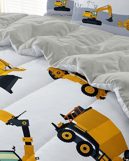 4-Pcs Construction Twin Size Boys Bedding Set, Kids Comforter Set for Teens with Sheets and Pillowcase, Soft Grey Tractor Cars Bed in a Bag Sets - LeafyLoom