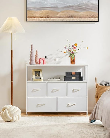 ANTONIA TV Stand Dresser for Bedroom with 5 Fabric Drawer, Entertainment Center for 45 inch Television, Media Console Table with Storage, Open Shelf, Adjustable Feet, Living Room Furniture, White - LeafyLoom