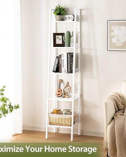 Yoobure Ladder Shelf, 5 Tier Tall Ladder Bookshelf Corner Shelf, Industrial Book Shelf Ladder Bookcase Narrow, Standing Storage Shelves Display Shelf for Bedroom Living Room Office Kitchen Bathroom - LeafyLoom