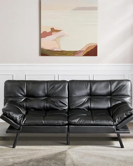 MUUEGM Futon Sofa Bed Convertible Memory Foam Sleeper Couch,Modern Faux Leather Loveseat for Living Room,Small Compact Space,Dorm,Office,Adjustable Armrests Backrest Sofabed, Black - LeafyLoom