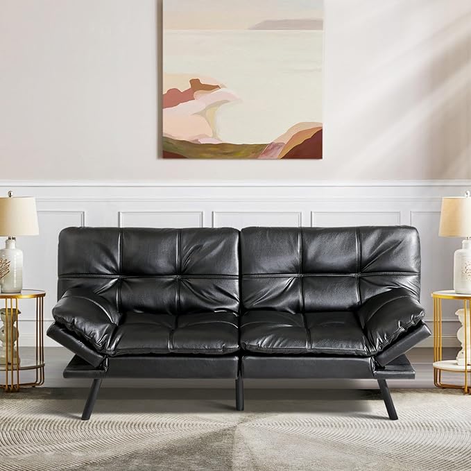 MUUEGM Futon Sofa Bed Convertible Memory Foam Sleeper Couch,Modern Faux Leather Loveseat for Living Room,Small Compact Space,Dorm,Office,Adjustable Armrests Backrest Sofabed, Black - LeafyLoom