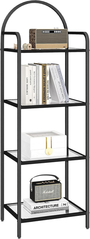 Bookcase Bookshelf, Tempered Glass Bookshelves, Slim Shelving Unit for Bedroom, Bathroom, Home Office, Steel Frame, 4 Tier Black BC04001B - LeafyLoom