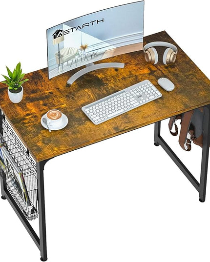 ASTARTH Study Computer Desk-47 Inch Home Office Desk, Wood Storage Table, Modern Writing Style Laptop Table, Black Metal Frame, PC Table with Storage Basket and Headphone Hooks, Rustic Brown - LeafyLoom