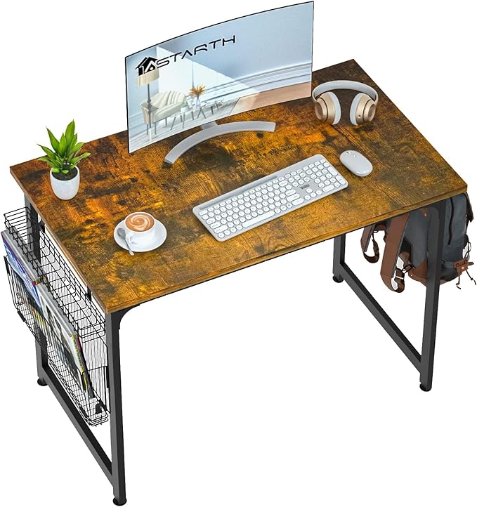 ASTARTH Study Computer Desk-47 Inch Home Office Desk, Wood Storage Table, Modern Writing Style Laptop Table, Black Metal Frame, PC Table with Storage Basket and Headphone Hooks, Rustic Brown - LeafyLoom