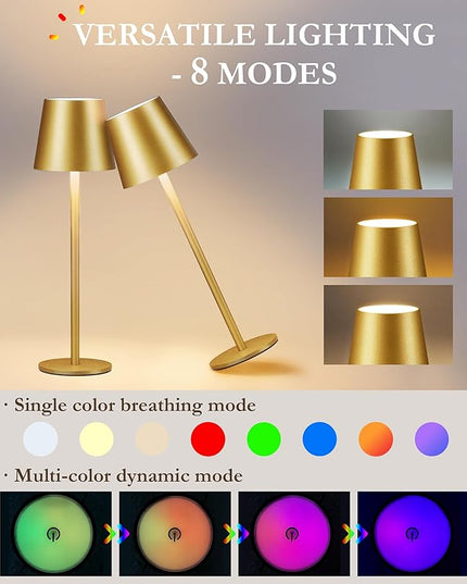 2-Pack Gold RGB Cordless Table Lamp, 5200mAh RGB 8 Modes & Touch Control Rechargeable Battery Desk Lamp, IP54 Waterproof outdoor table lamp for Bedroom/Outdoor/Restaurant/Camping/Bars(Gold) - LeafyLoom