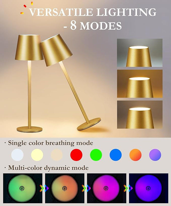 2-Pack Gold RGB Cordless Table Lamp, 5200mAh RGB 8 Modes & Touch Control Rechargeable Battery Desk Lamp, IP54 Waterproof outdoor table lamp for Bedroom/Outdoor/Restaurant/Camping/Bars(Gold) - LeafyLoom