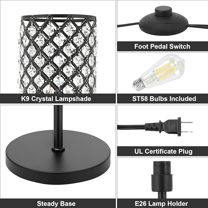 Acaxin Crystal Floor Lamp for Bedroom Black, Living Room Floor Lamps with Bulb, Modern Tall Lamp for Bedroom, Glam Standing Light for Girls Bedroom, Minimalism Pole Corner Lamp for Office, Dorm Hotel - LeafyLoom