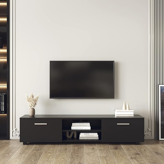 NicBex TV Stand for 70 Inch TV Modern TV Media Console Table with 2 Storage Cabinet and Open Shelves,Entertainment Center with Storage for Living Room,Bedroom,63 Inch,Black - LeafyLoom
