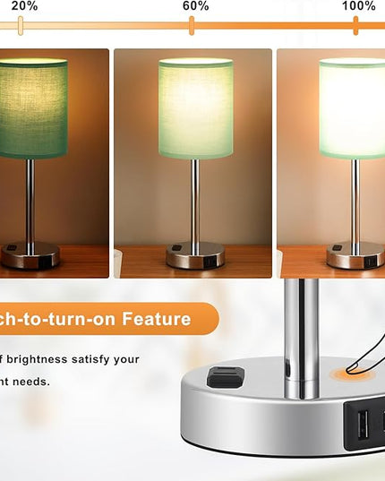 Green Bedside Table Lamps for Bedroom Set of 2 - Touch Nightstand Lamp with USB-A+C Charging Ports & AC Outlet - 3 Way Dimmable Small Desk Lamp White for Office, Living Room, Reading - LeafyLoom