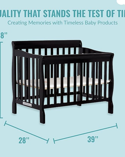 Aden 4-in-1 Convertible Mini Crib In Black, Greenguard Gold Certified, Non-Toxic Finish, New Zealand Pinewood, With 3 Mattress Height Settings - LeafyLoom