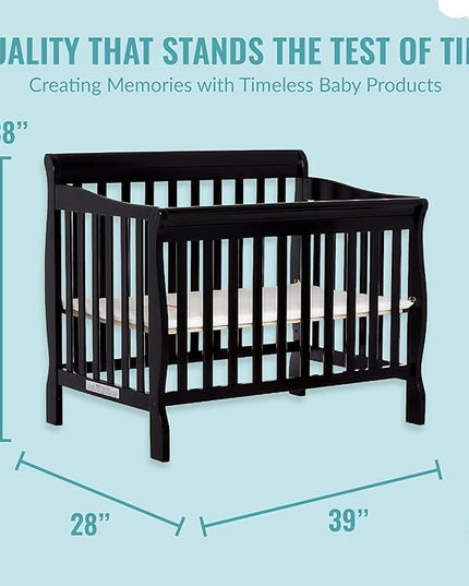 Aden 4-in-1 Convertible Mini Crib in Black, Greenguard Gold Certified, Non-Toxic Finish & Sunset 3” Extra Firm Fiber Crib Mattress, Greenguard Gold Certified - LeafyLoom