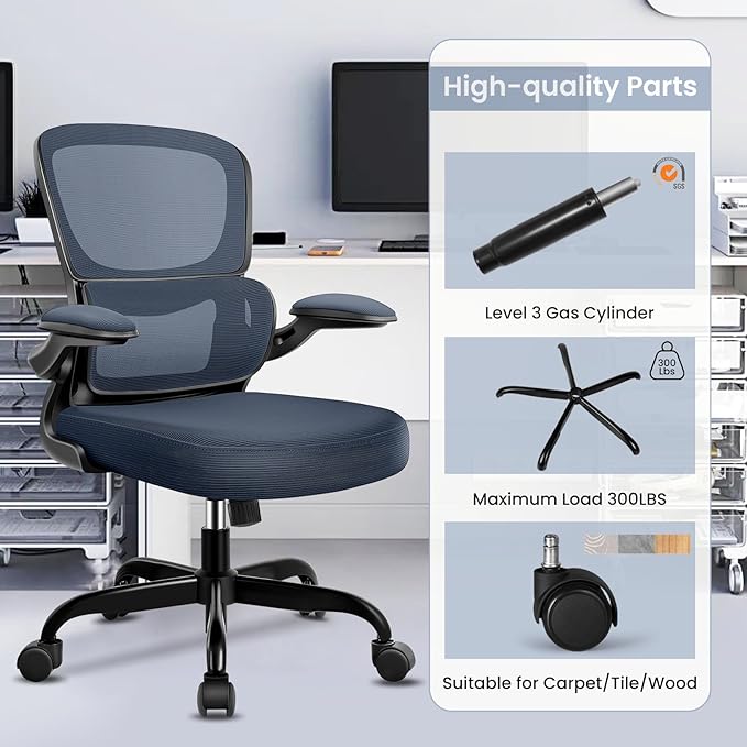 Office Chair, Ergonomic Desk Chair with Lumbar Support and Adjustable Armrests, Comfy Desk Chair Breathable Mesh Mid Back Computer Chair, Reclining Office Chair for Home Office - DarkGray - LeafyLoom