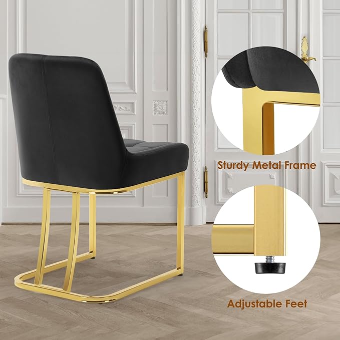 STARY Upholstered Velvet Armless Dining Room Chairs with Gold Metal Legs for Kitchen Restaurant, Black- Set of 4 - LeafyLoom