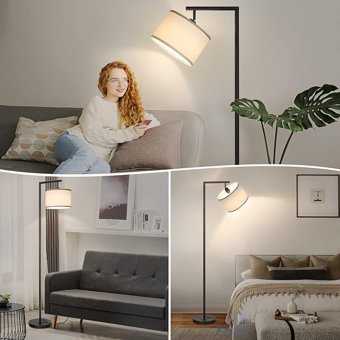 Boncoo Black Floor Lamp, Dimmable Floor Lamp for Living Room, Modern Standing Lamp with Adjustable Drum Shade, Tall Reading Light Corner Lamp Suitable for Couch, Bedroom, Office (Bulb Included) - LeafyLoom