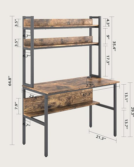 47 Inch Computer Desk with Desktop Wireless Charger, Home Office Desk with Bookshelf, Writing Desk with Storage Shelves for Home Office, Craft Table with Hutch Rustic - LeafyLoom