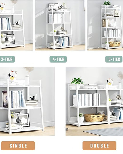 IOTXY 3 Tier Open Bookshelf - Steel and Wood Display Stand, 50CM Width Floor-Standing Bookcase, White - LeafyLoom