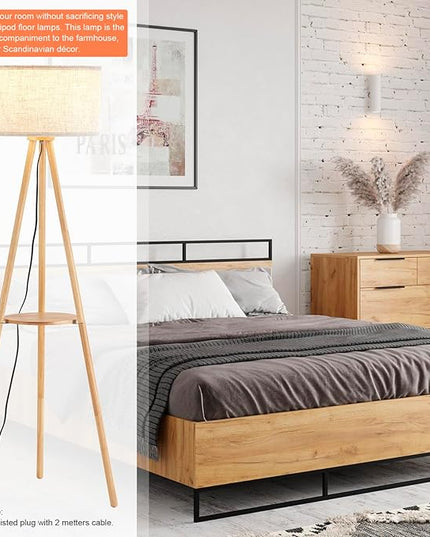 Wood Tripod Floor Lamp with Shelves,Linen Shade Modern Mid Century Wooden Standing Floor lamp for Living Room,with Three Color temparature Bulb Included,ETL Listed/Natural Wood Color - LeafyLoom