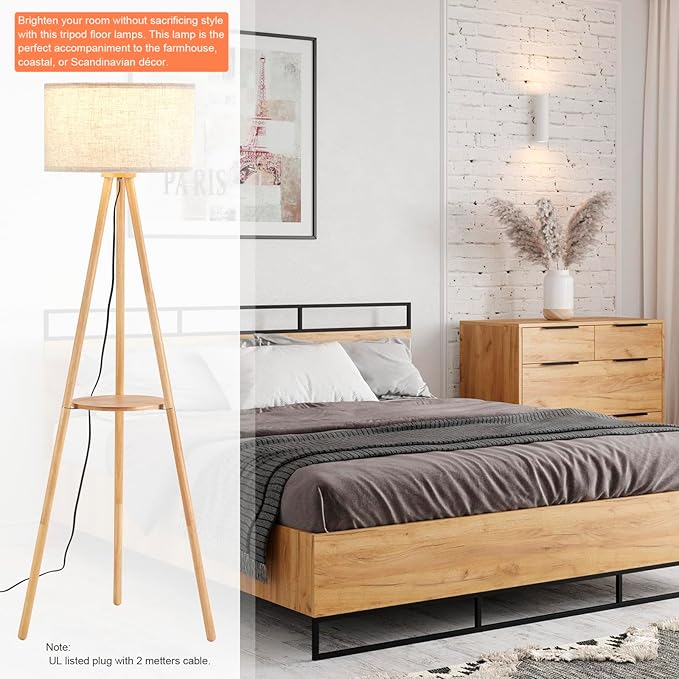 Wood Tripod Floor Lamp with Shelves,Linen Shade Modern Mid Century Wooden Standing Floor lamp for Living Room,with Three Color temparature Bulb Included,ETL Listed/Natural Wood Color - LeafyLoom