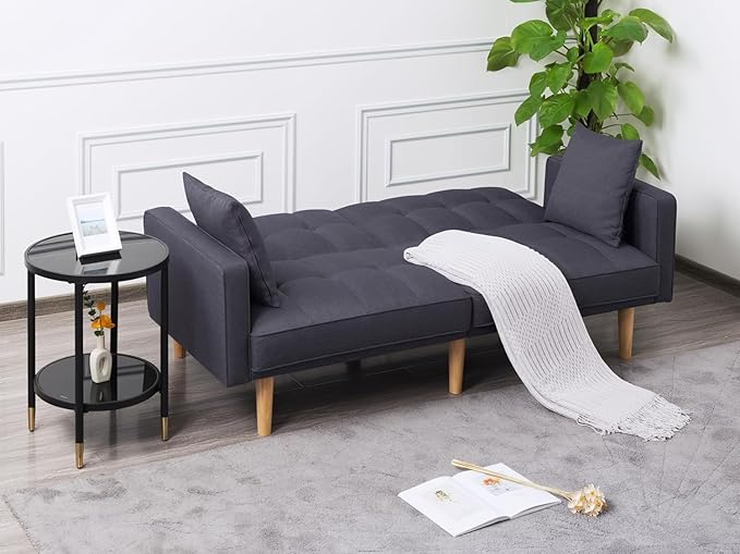 Modern Folding Sofa Bed Living Room Furniture Sets Futon Couch Convertible Tufted Loveseat with Adjustable Backrest for Lounge, 2-seats Sturdy Wood Legs Fabric Home Recliner - Dark Grey Sofá - LeafyLoom