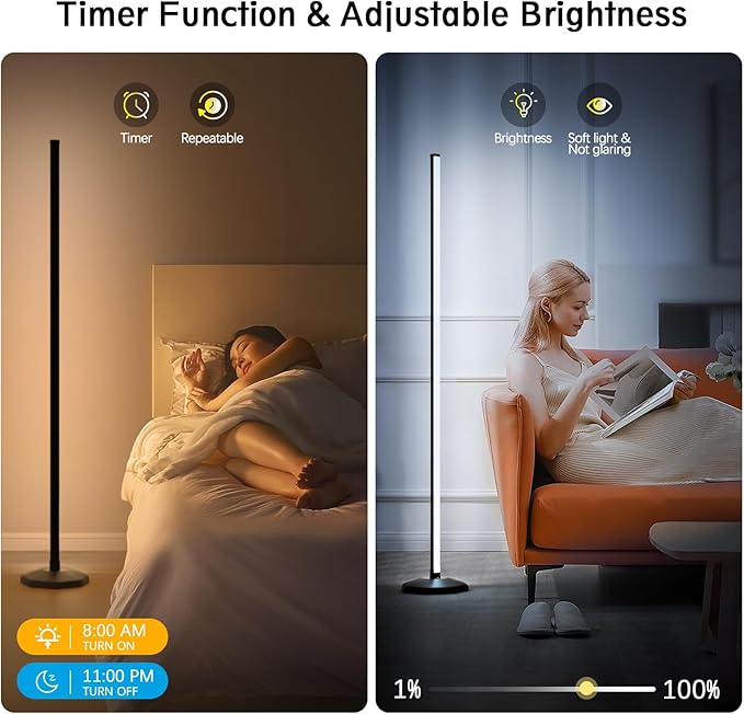 bedee LED Corner Floor Lamp: 64.5 Inch RGB Color Changing with Music Sync, Modern Standing Mood Lighting Remote & App Control, Creative DIY Mode Timing for Living Room Gaming - LeafyLoom