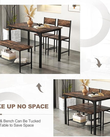 Dining Table Set for 4, Dinette Set w/Bench & Chairs, 2-Person Kitchen Table and Chairs w/Metal Frame & Storage Rack, Space-Saving Kitchen Table w/Bench for Apartment (Rustic Brown), Small - LeafyLoom
