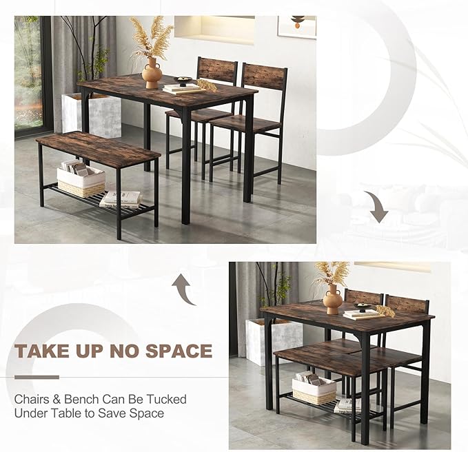 Dining Table Set for 4, Dinette Set w/Bench & Chairs, 2-Person Kitchen Table and Chairs w/Metal Frame & Storage Rack, Space-Saving Kitchen Table w/Bench for Apartment (Rustic Brown), Small - LeafyLoom