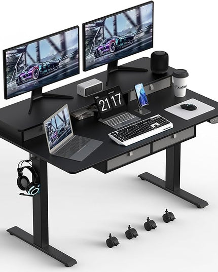55 * 30 Inches Electric Standing Widened Desk Adjustable Height with 4 Drawers, Double Storage Shelves Stand Up Desk, Home Office Workstation Sit Stand up Desk (Classical Black) - LeafyLoom
