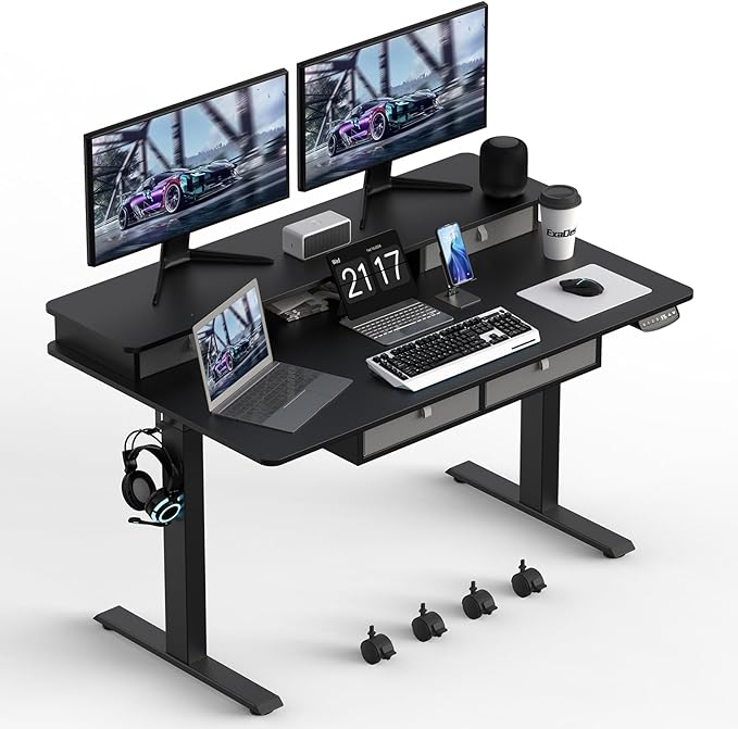 55 * 30 Inches Electric Standing Widened Desk Adjustable Height with 4 Drawers, Double Storage Shelves Stand Up Desk, Home Office Workstation Sit Stand up Desk (Classical Black) - LeafyLoom