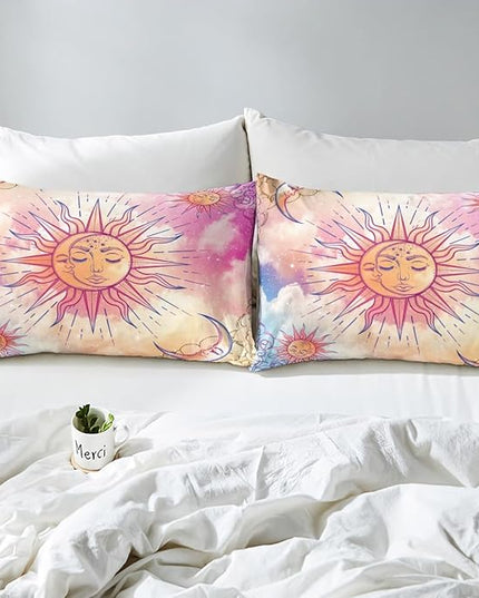 Sun and Moon Comforter Set Full Stars Constellation Galaxy Bedding Set,Pink Blue Pastel Clouds Tie Dye Comforter For Kids Girls Women Boho Hippie Psychedelic Celestial Astrology Quilt Duvet Set 3 Pcs - LeafyLoom